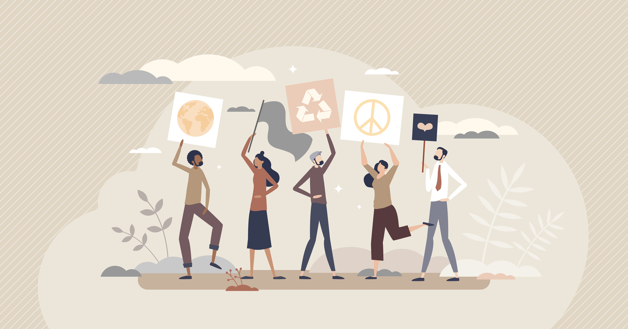 Activist protests and demonstration as equality support tiny person concept. Social group solidarity movement and strike as human democracy and unity symbol vector illustration. Peaceful rally scene.